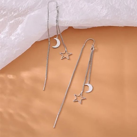 Silver Moon Star Threader Long Tassel Earring Chain, Drop Dangle Woman Earrings - Picture 5 of 8
